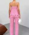 Kadın Pembe  Dokulu Askılı Üst Ve Bol Paça Pantolon 2’li Takım