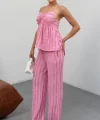 Kadın Pembe  Dokulu Askılı Üst Ve Bol Paça Pantolon 2’li Takım