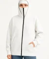 Kadın Samuray Ninja Çift Kapüşonlu Maske Detaylı Fermuarlı Kanguru Cepli Hoodie - Beyaz