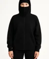 Kadın Samuray Ninja Çift Kapüşonlu Maske Detaylı Fermuarlı Kanguru Cepli Hoodie - Siyah