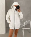 Kadın Samuray Ninja Çift Kapüşonlu Maske Detaylı Fermuarlı Kanguru Cepli Hoodie - Beyaz
