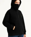 Kadın Samuray Ninja Çift Kapüşonlu Maske Detaylı Fermuarlı Kanguru Cepli Hoodie - Siyah