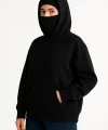 Kadın Samuray Ninja Çift Kapüşonlu Maske Detaylı Fermuarlı Kanguru Cepli Hoodie - Siyah