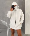 Kadın Samuray Ninja Çift Kapüşonlu Maske Detaylı Fermuarlı Kanguru Cepli Hoodie - Beyaz