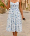Kadın Sıfır Kol Askılı Dekolteli Yırtmaç Detay çiçek Baskılı Süprem Midi Elbise
