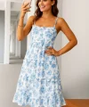 Kadın Sıfır Kol Askılı Dekolteli Yırtmaç Detay çiçek Baskılı Süprem Midi Elbise