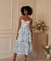 Kadın Sıfır Kol Askılı Dekolteli Yırtmaç Detay çiçek Baskılı Süprem Midi Elbise