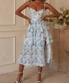 Kadın Sıfır Kol Askılı Dekolteli Yırtmaç Detay çiçek Baskılı Süprem Midi Elbise