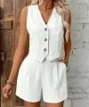 Kadın Sıfır Kol Askılı V Yakalı önden Düğmeli Ithal Keten Ceket Ve Short Ikili Takım