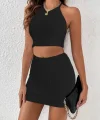 Kadın Sıfır Kol Crop Mini Etek Ikili Triko Takım