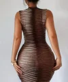 Kadın Sıfır Kol Desenli Mini Bodycon Dalgıç Elbise