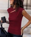 Kadın Sıfır Kol Pencere Detay Viskon T-shirt