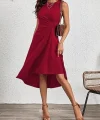 Kadın Sıfır Kollu Bisiklet Yaka Büzgülü Asimetrik Kesim Detaylı Janjan Krep Elbise