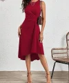 Kadın Sıfır Kollu Bisiklet Yaka Büzgülü Asimetrik Kesim Detaylı Janjan Krep Elbise