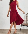 Kadın Sıfır Kollu Bisiklet Yaka Büzgülü Asimetrik Kesim Detaylı Janjan Krep Elbise