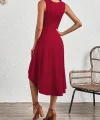Kadın Sıfır Kollu Bisiklet Yaka Büzgülü Asimetrik Kesim Detaylı Janjan Krep Elbise