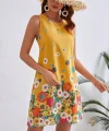 Kadın Sıfır Kollu Bisiklet Yaka çiçek Desenli Süprem Mini Elbise