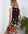 Kadın Sıfır Kollu Bisiklet Yaka çiçek Desenli Süprem Mini Elbise