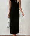 Kadın Sıfır Kollu Bisiklet Yaka Midi Viskon Iki Iplik Elbise