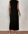 Kadın Sıfır Kollu Bisiklet Yaka Midi Viskon Iki Iplik Elbise