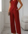 Kadın Sıfır Kollu çapraz V Yakalı önden Düğmeli Atlas Yelek Ve Pantolon Ikili Takım