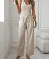 Kadın Sıfır Kollu çapraz V Yakalı önden Düğmeli Atlas Yelek Ve Pantolon Ikili Takım