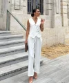 Kadın Sıfır Kollu çapraz V Yakalı önden Düğmeli Atlas Yelek Ve Pantolon Ikili Takım