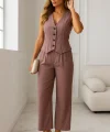 Kadın Sıfır Kollu Düğmeli Yelek Ve Pantolon Bürümcük Ikili Takım