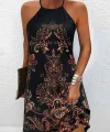 Kadın Sıfır Kollu Halter Yakalı Desenli Süprem Elbise
