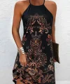 Kadın Sıfır Kollu Halter Yakalı Desenli Süprem Elbise