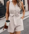 Kadın Sıfır Kollu Yakalı Düğmeli Belden Kuşaklı Kısa Keten Tulum