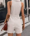 Kadın Sıfır Kollu Yakalı Düğmeli Belden Kuşaklı Kısa Keten Tulum