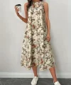 Kadın Sıfır Kollu Yuvarlak Yaka Desenli Ithal Keten Midi Elbise