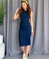 Kadın Sırt Fermuar Detay Sıfır Kol Likralı Kot Elbise