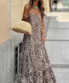 Kadın Sırtı Açık Yuvarlak Yaka Eteği Fırfırlı Leopar Desenli Süprem Elbise