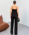 Kadın Siyah Dokulu Askılı Üst Ve Bol Paça Pantolon 2’li Takım