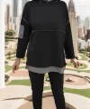 Kadın Siyah Kapşonlu Etek Ucu Detay Arma Ters Dikiş Gorunumlu Ikili Takım