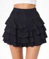 Kadın Siyah Katlı Mini Fırfıtlı Etek Lastikli Yüksel Bel, Volanlı Tasarım, Rahat Kalıp, Günlük ve Şık Kombinelere Uygun Yazlık Etek - Siyah