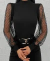 Kadın Siyah Kolu Tül Detaylı Yarım Balıkçı Kaşkorse Bluz 6160