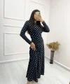 Kadın Siyah Tam Boy Beyaz Puantiyeli Elbise