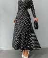 Kadın Siyah Tam Boy Beyaz Puantiyeli Elbise