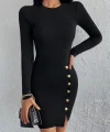 Kadın Siyah Uzun Kollu Bisiklet Yaka Yan Yırtmaç Düğme Detay Kısa Kaşkorse Elbise