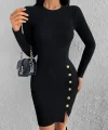 Kadın Siyah Uzun Kollu Bisiklet Yaka Yan Yırtmaç Düğme Detay Kısa Kaşkorse Elbise