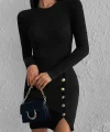 Kadın Siyah Uzun Kollu Bisiklet Yaka Yan Yırtmaç Düğme Detay Kısa Kaşkorse Elbise