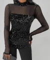 Kadın Siyah Uzun Kollu Kolları Ve Dekolte Tül Ve Payet Detay Balıkçı Yaka Bluz