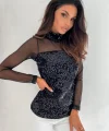Kadın Siyah Uzun Kollu Kolları Ve Dekolte Tül Ve Payet Detay Balıkçı Yaka Bluz
