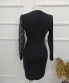 Kadın Siyah Uzun Kollu Tek Kolu Dantel Detay V Yakalı Yırtmaçlı Dalgıç Elbise