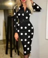 Kadın Siyah Uzun Kollu V Yakalı Puantiyeli Midi Dalgıç Elbise