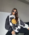 Kadın Smiley Face Kapüşonlu Sweatshirt - Siyah