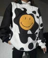Kadın Smiley Face Kapüşonlu Sweatshirt - Siyah